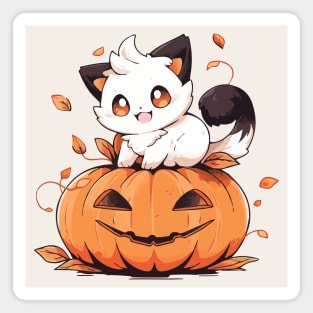 Black and white kitten sitting on a pumpkin Magnet